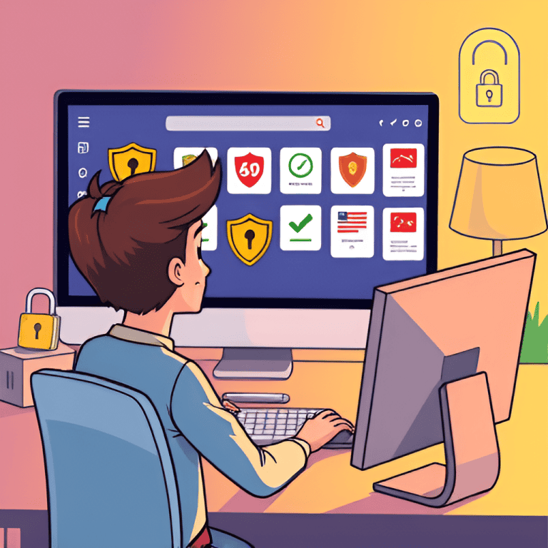 A_friendly_beginner_sits_at_a_computer_comparing_multiple_lottery_websites_The_screen_displays_secur_1075088203