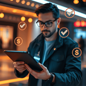 A_person_registering_quickly_on_a_tablet_digital_bonus_icons_floating_around_with_positive_checkmark_1691763375